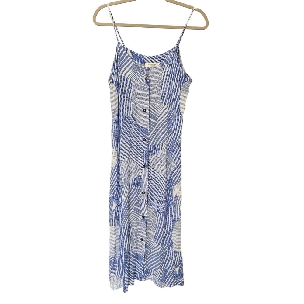 Womens Blue Geometric‎ Stripe Midi Dress Sleeveless Button Adjustable Straps M